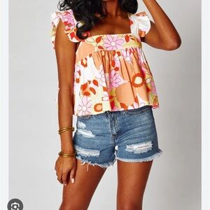 NWT Buddy Love Floral Kyle Ruffle Sleeve Top - Pink and Orange